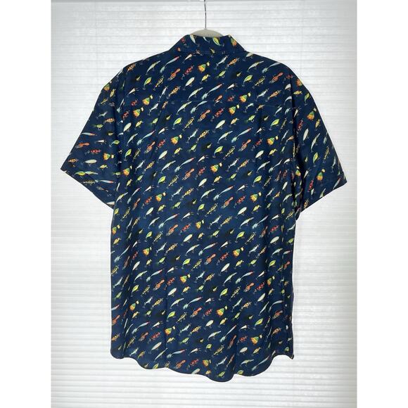 RSVLTS Fishing Lures Camp Shirt Mens XL "Lure 'em in" Navy Blue Button Kunuflex - Picture 2 of 12